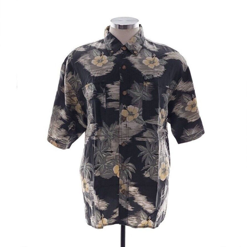 Tommy Bahama Mens Large Short Sleeve Button-Down Floral Black Yellow Shirt Rayon